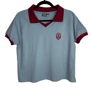 Vintage Preppy Aesthetic B.U.M. Equipment Blue Polo Shirt With Red Collar & Trim